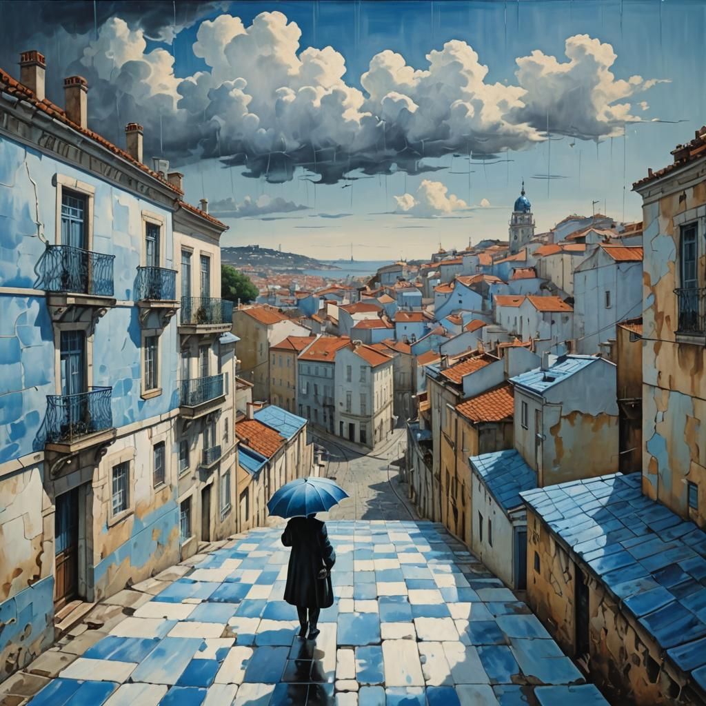 Lisbon Street in Blue, Salvador Dali Surrealism