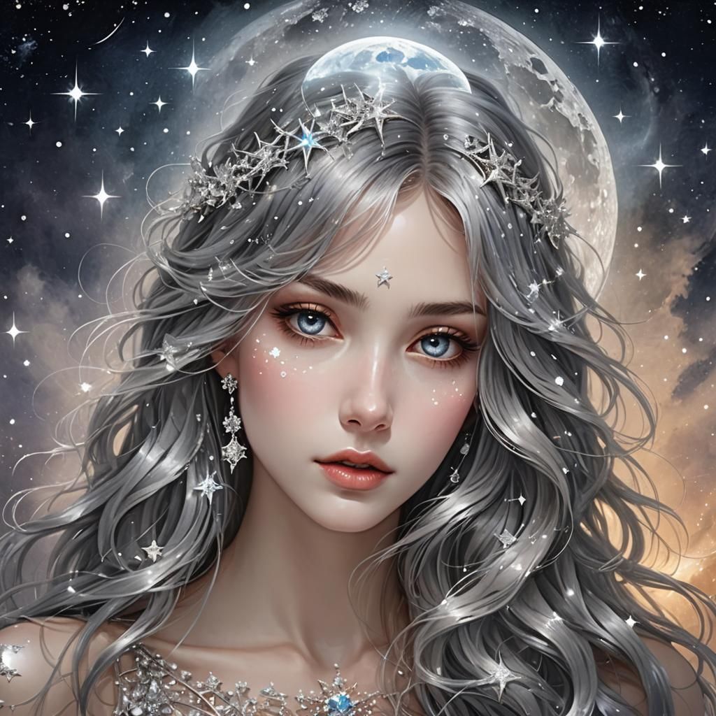 Moon Child with Silver Hair and Starry Background