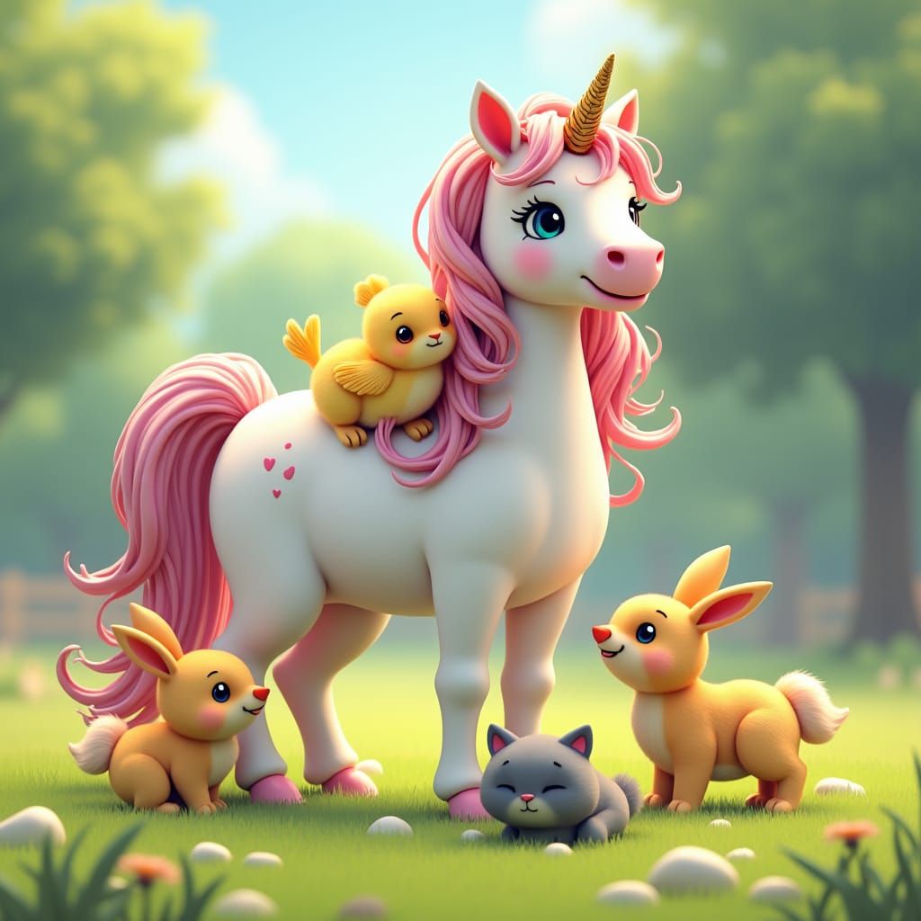 Unicorn and Friends: Anime-Inspired Grassy Paddock Scene