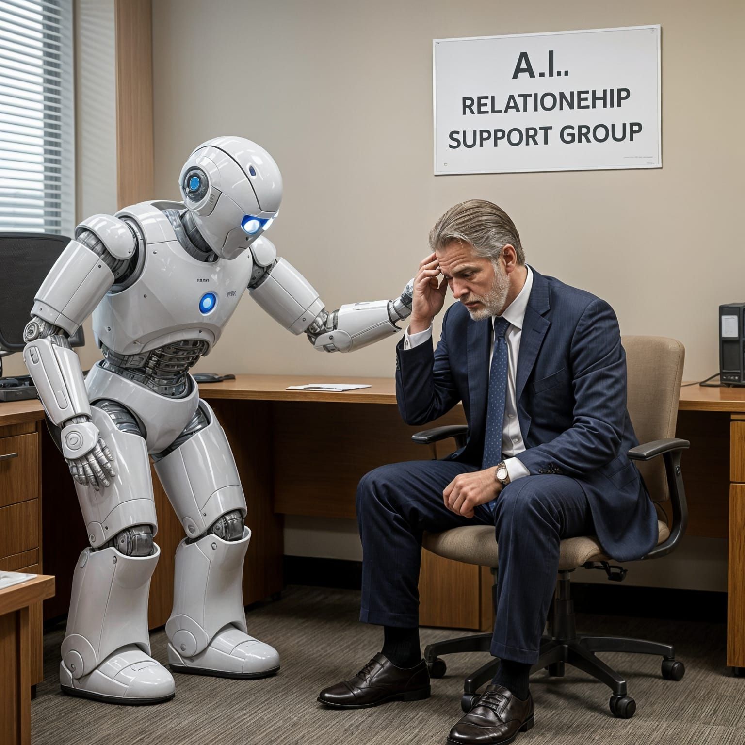 Worried Man Receives Comfort from Robot in Rockwell Style