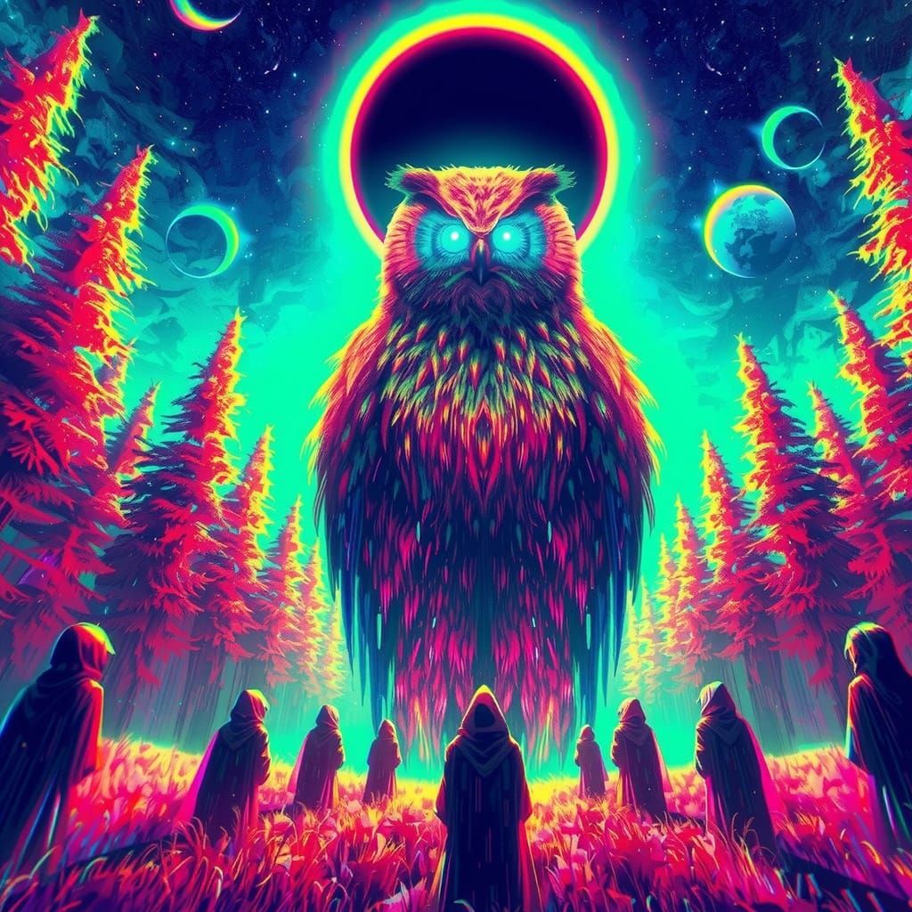 Giant Owl Bear at Eclipse: Mystical Dreamlike Scene