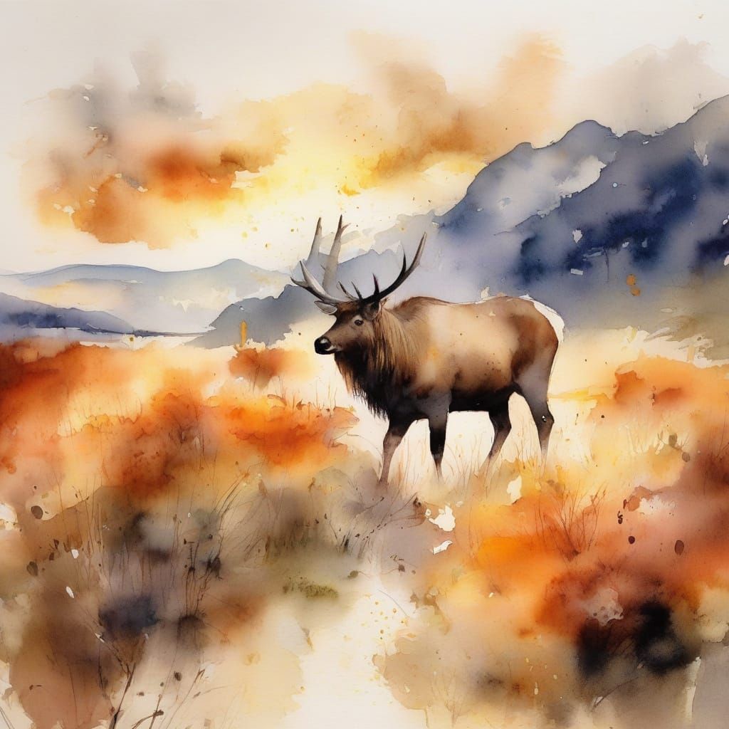 Serene Kalsoy Island Sunset with Elk in Vibrant Watercolour ...