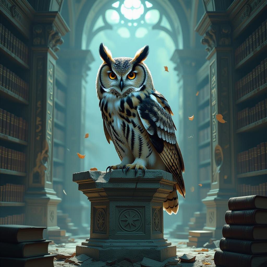 Majestic Owl in Forgotten Library: Matte Painting