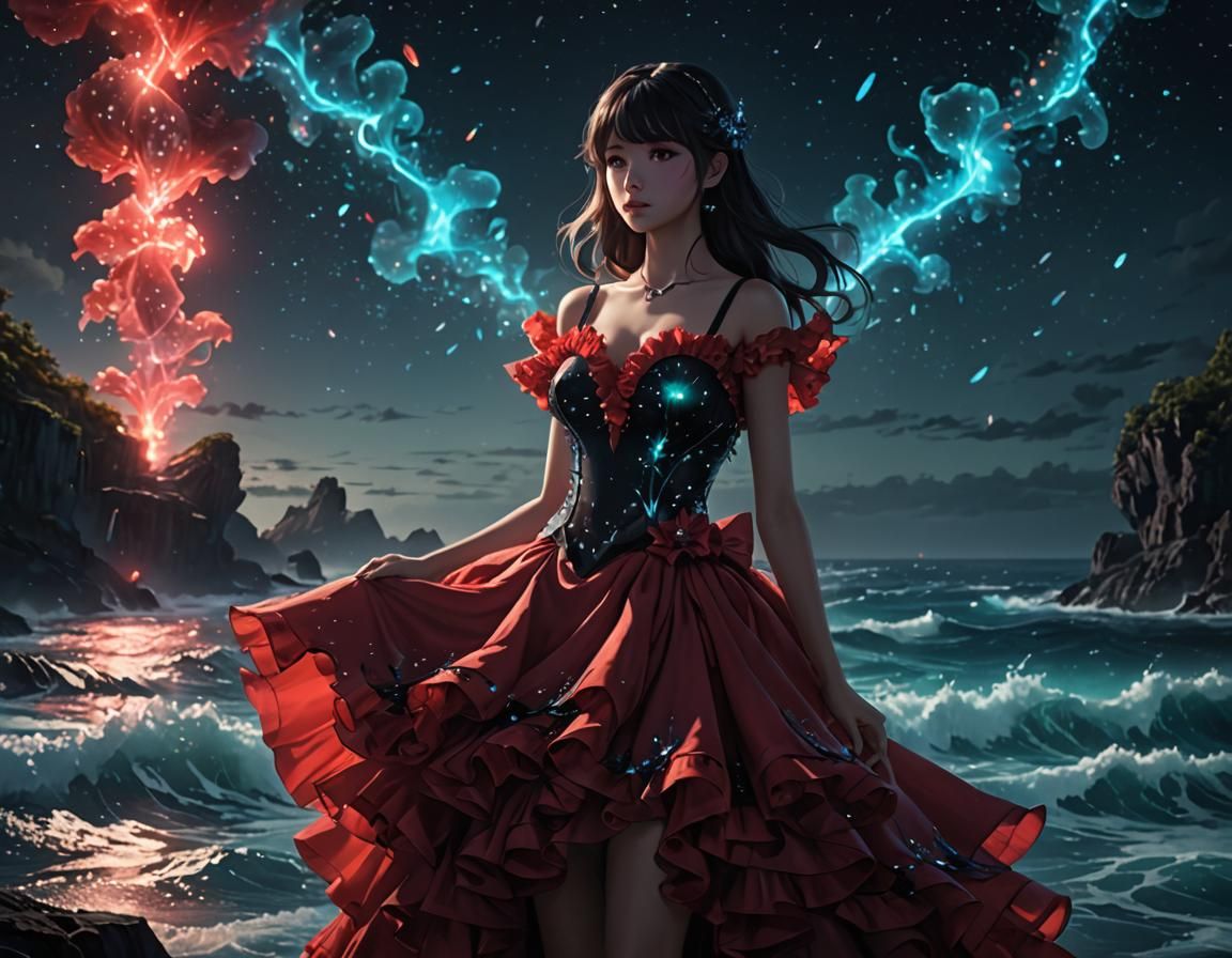 Bioluminescent Ocean View in Anime Style