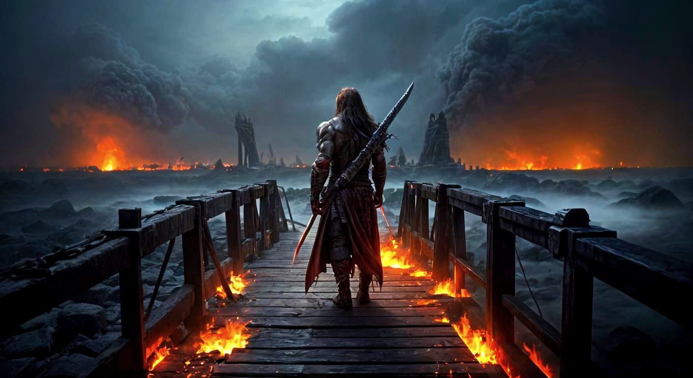 Battle-Scarred Warrior Stands Ready on Crumbling Bridge