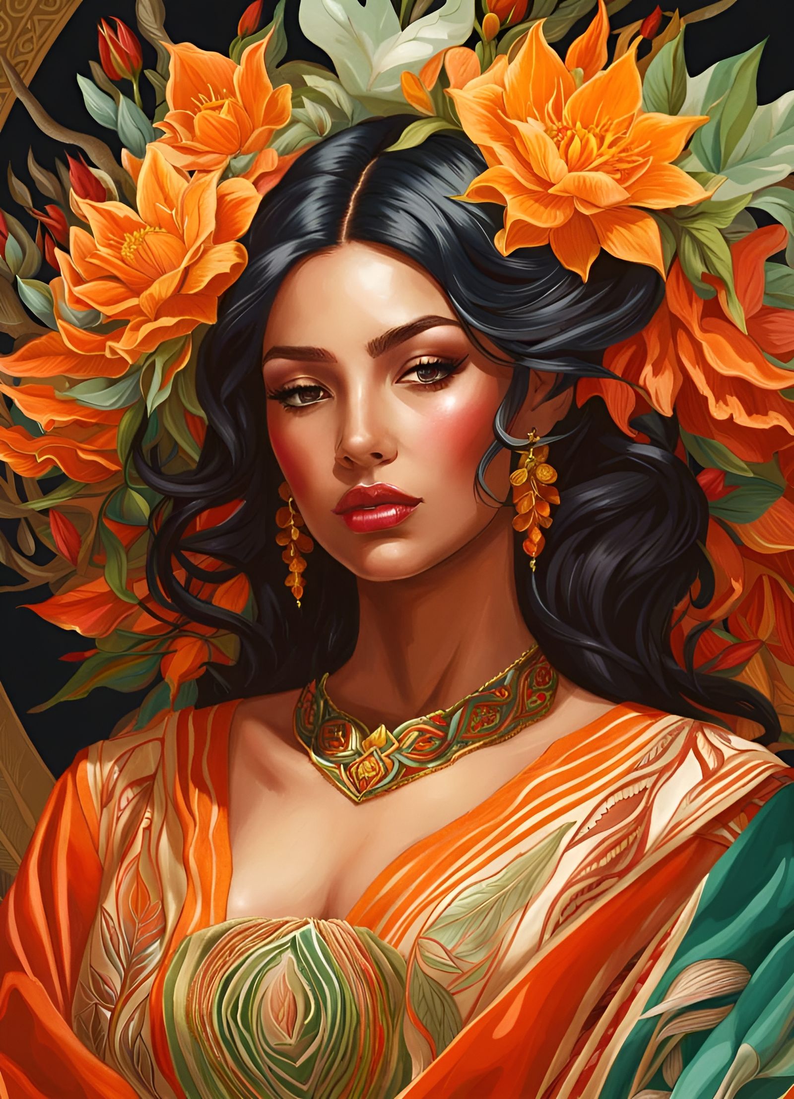 Intricate Goddess with Flower Hair, Digital Art