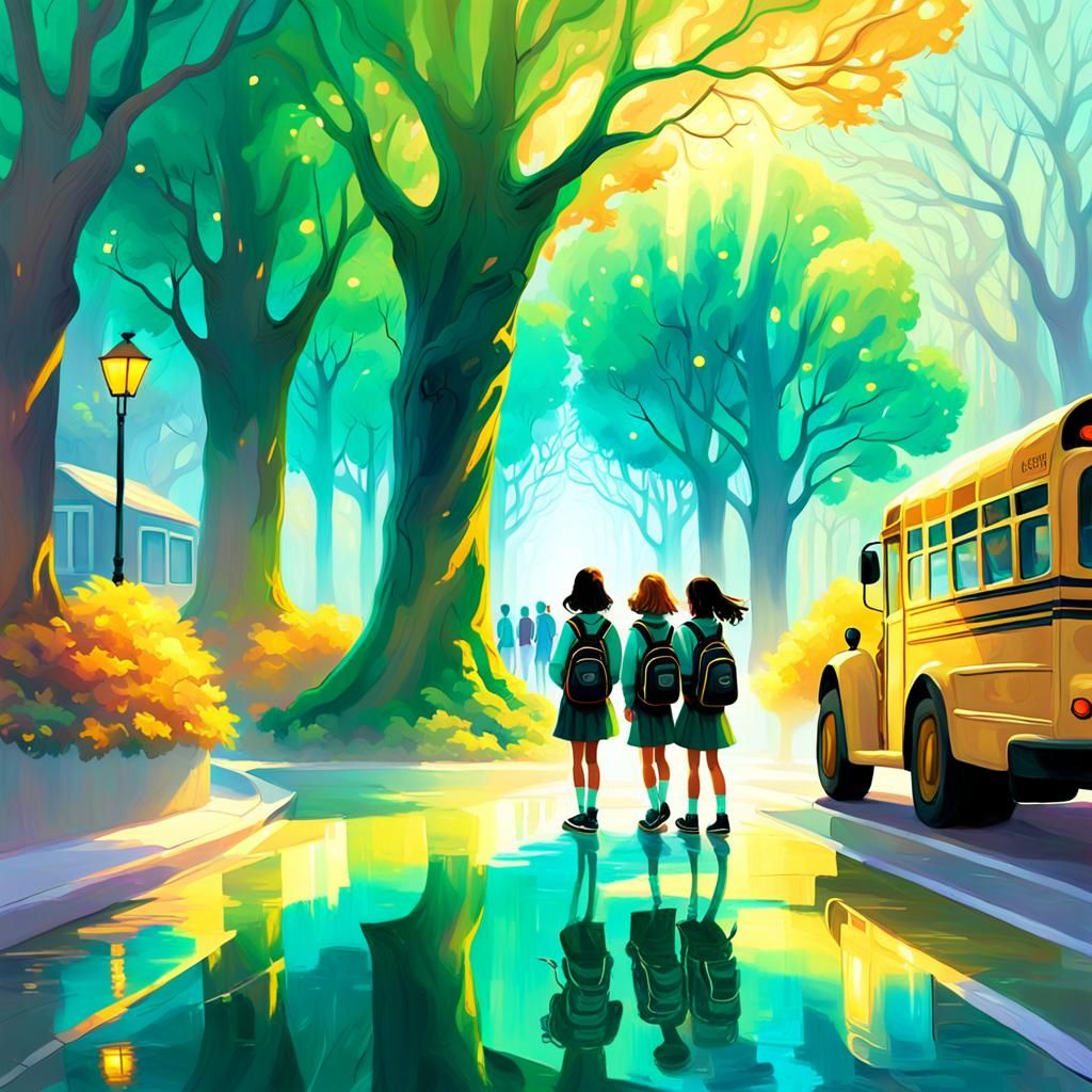 Children Awaiting Bus on Mystical Luminous Street