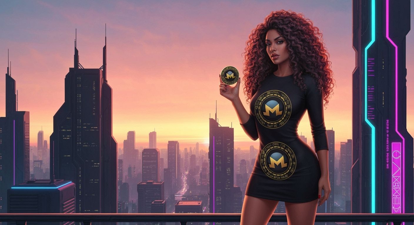 Latina Model with Monero Coin in Cyberpunk Cityscape