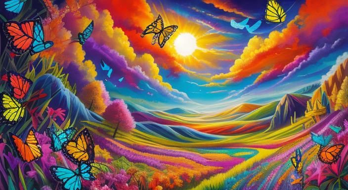 Colorful Butterfly Artwork with Sunshine Landscape