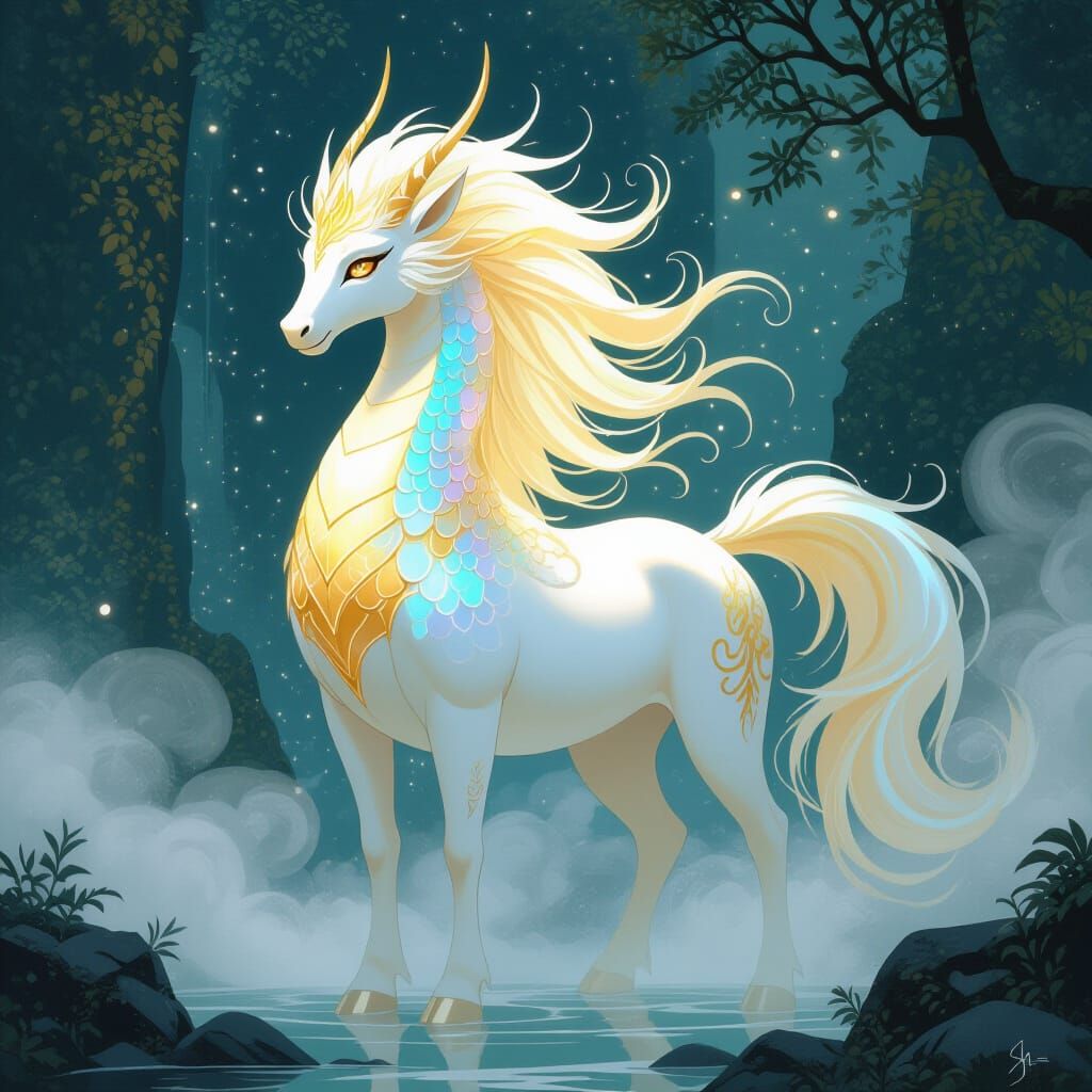 Majestic Kirin with Iridescent Scales and Golden Mane