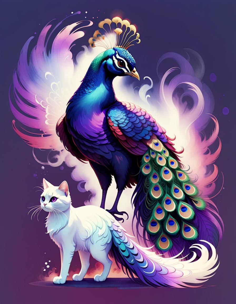 Mythical Angel Cat Peacock in Vintage Watercolor