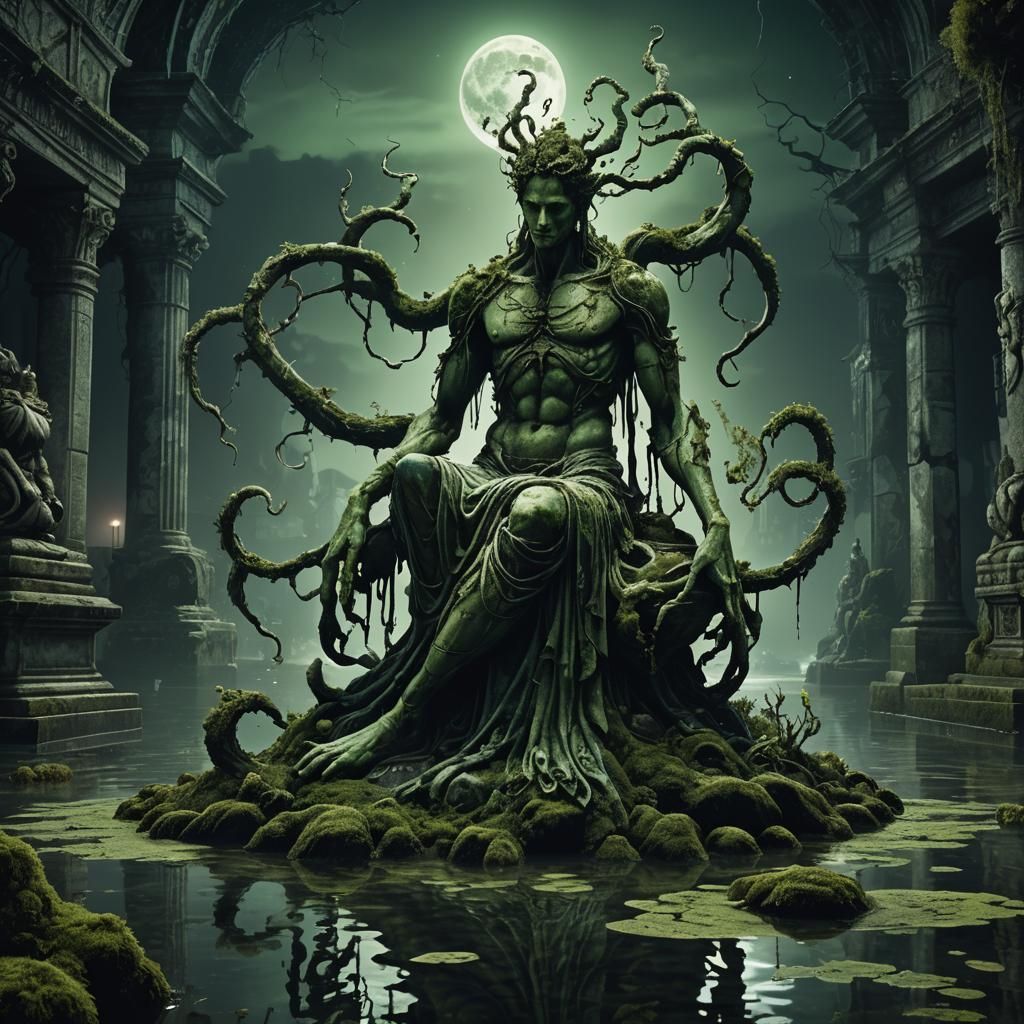 Moss-Covered Statue in Flooded City: Surreal Digital Art