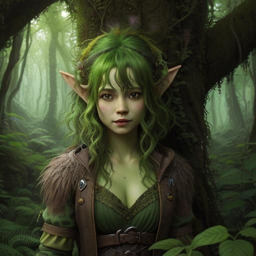 Green-Skinned Halfling in Whimsical Forest: Fantasy Art