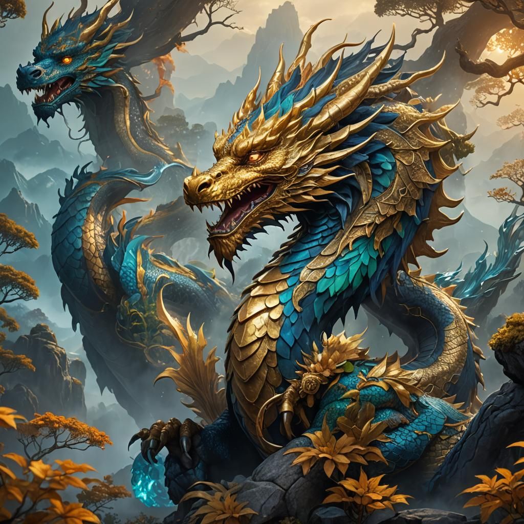 Golden Dragon Pikakhu in Misty Mountain Landscape