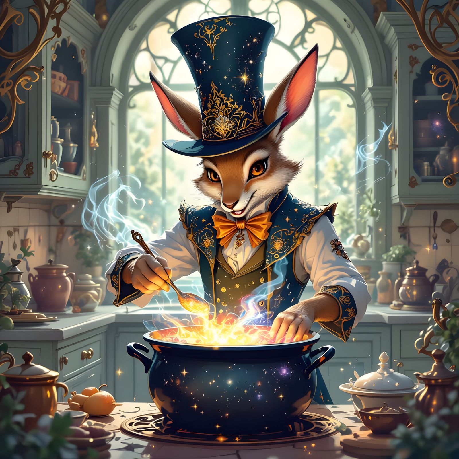 Whimsical Jackalope Chef Crafts Cosmic Brew