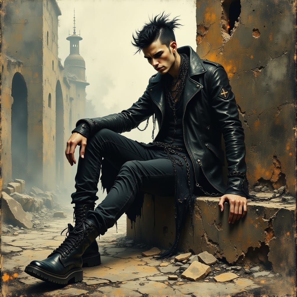 Man with Mohawk in Post-Apocalyptic Cityscape