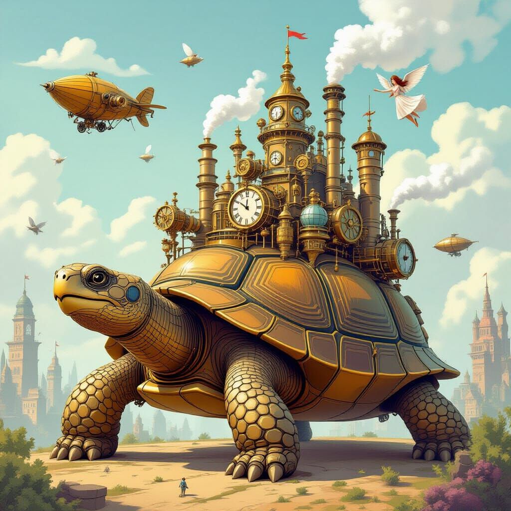 Steampunk City on Giant Tortoise Back, Whimsical Fantasy Art