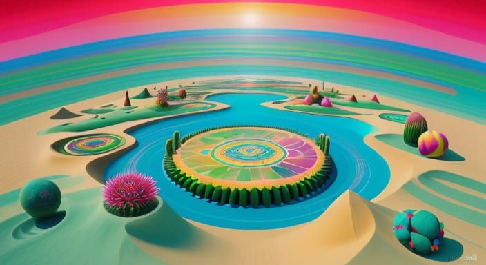 Surreal Oasis in Vibrant, Kaleidoscopic Style