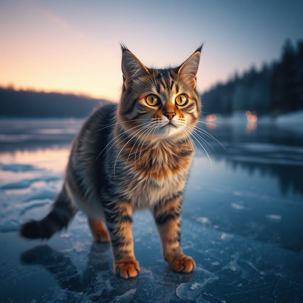 Hyperrealistic Cat Ice Skating on Frozen Lake