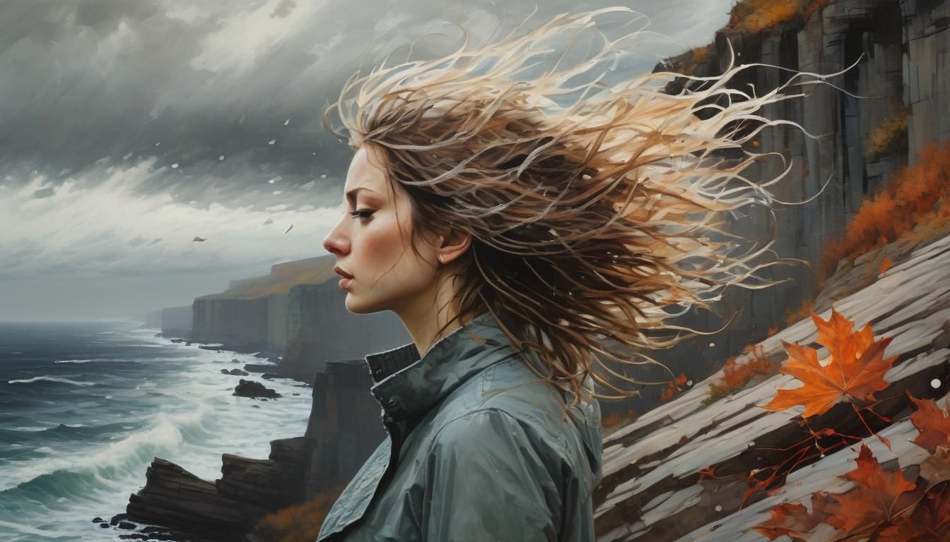 Woman on Cliff Edge in Stormy Acrylic Painting