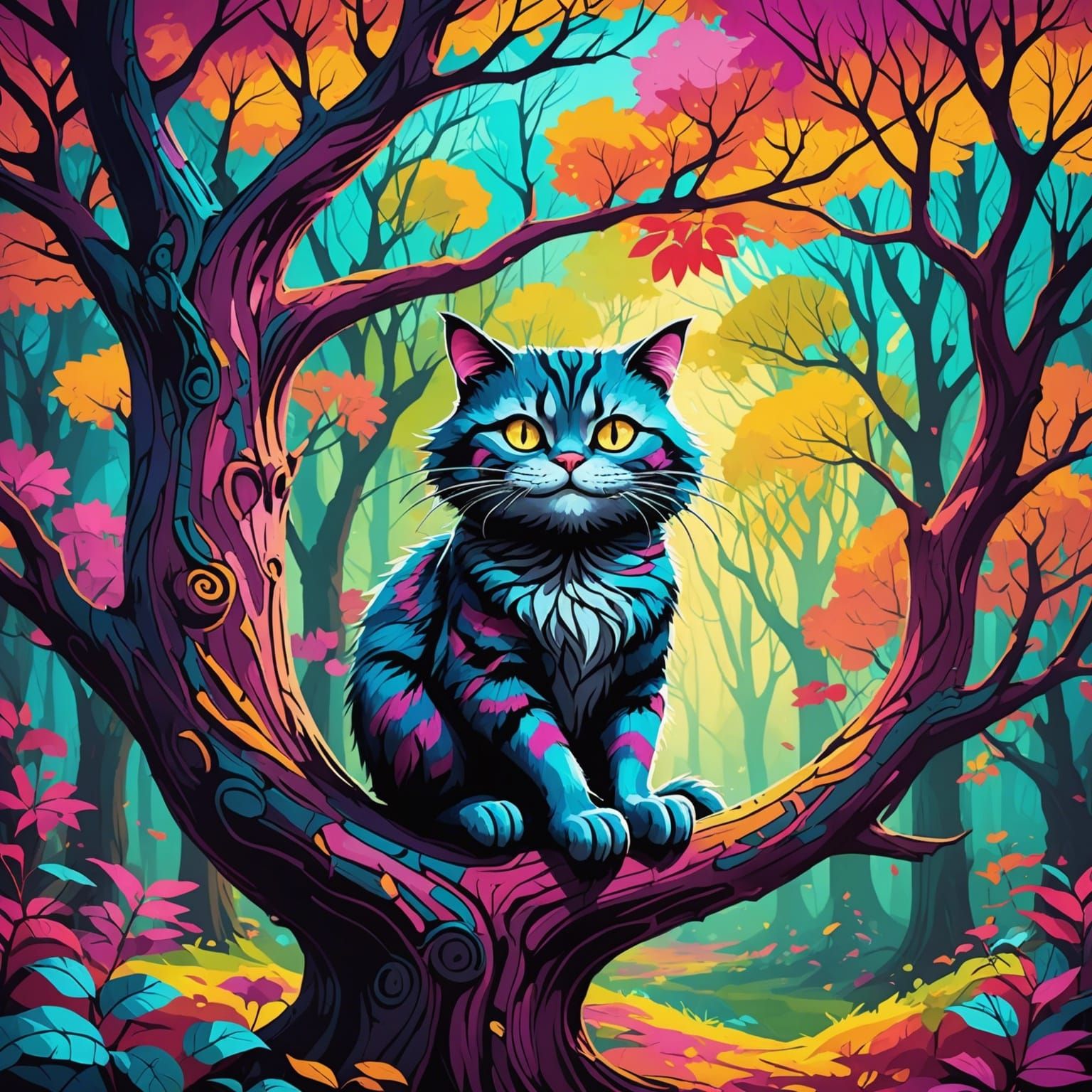 Cheshire Cat in Colorful Forest