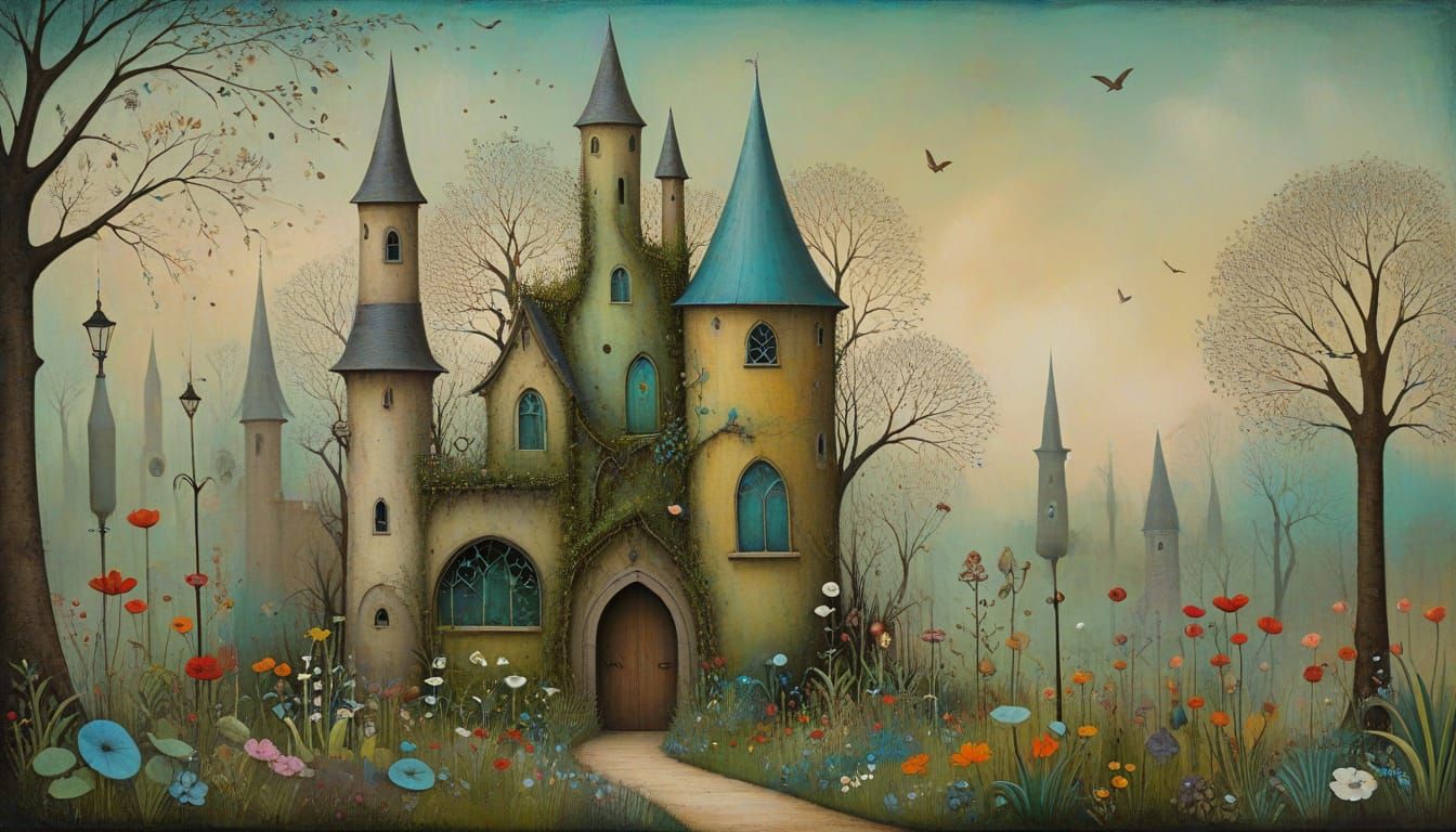 Surreal Whimsical STEAMPUNK Garden Painting