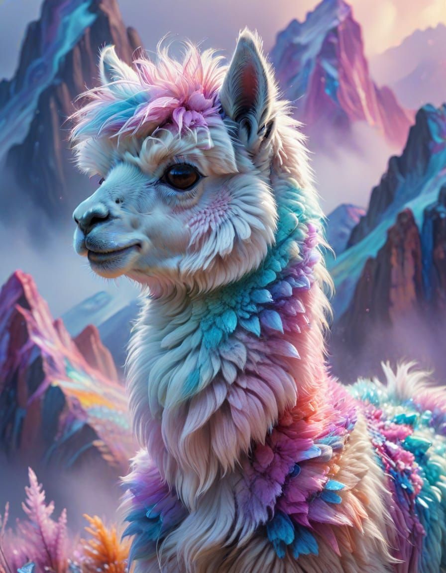 Vibrant Fauvist Crystal Alpaca in Ethereal Landscape