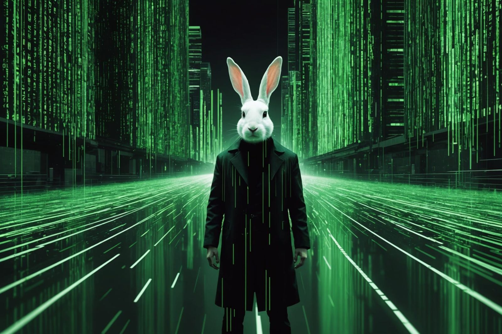 Matrix-Style Cityscape with Digital Coding and White Rabbit