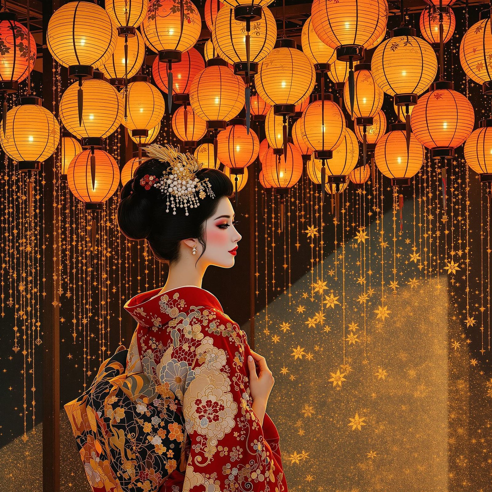 Red Woman in Kyoto Under Lanterns, Kimono Open
