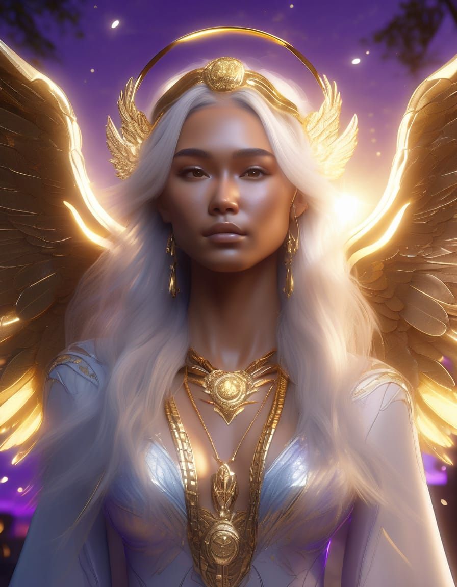 Hyperrealistic Goddess Urd, light brown skin Asian with long white hair, small purple inverted triangle shaped tattoo on...