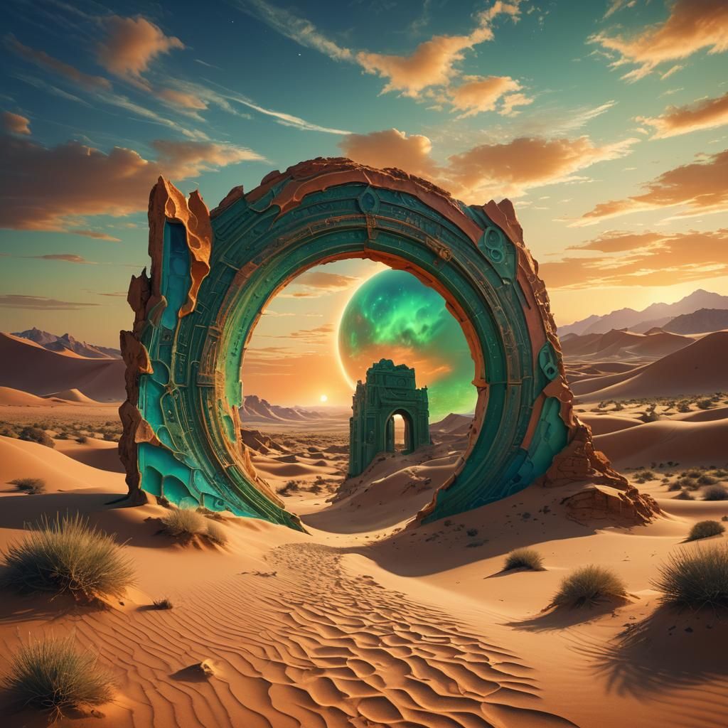Glowing Green Portal in Surreal Desert Landscape