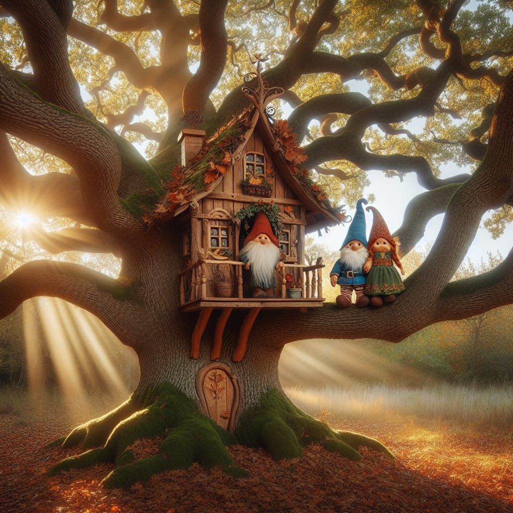 Whimsical Gnome House Amidst Majestic Oak