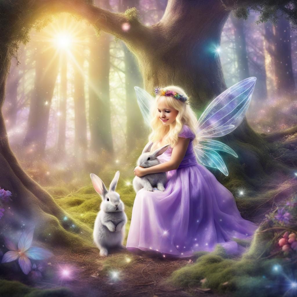 Enchanted Fairy Forest with Rainbow and Bunny