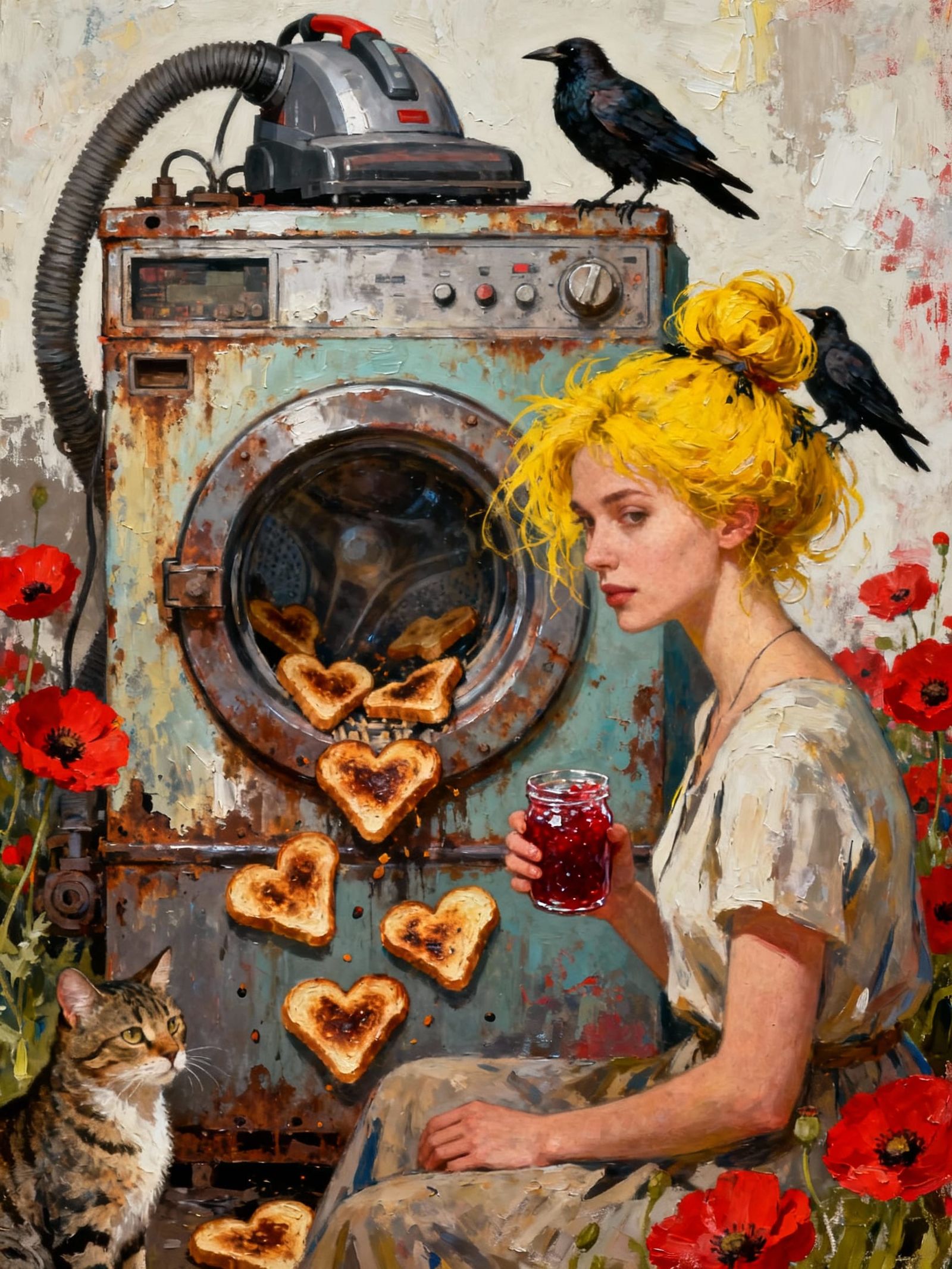 Surreal Dystopian Scene With Woman and Fiery Machine