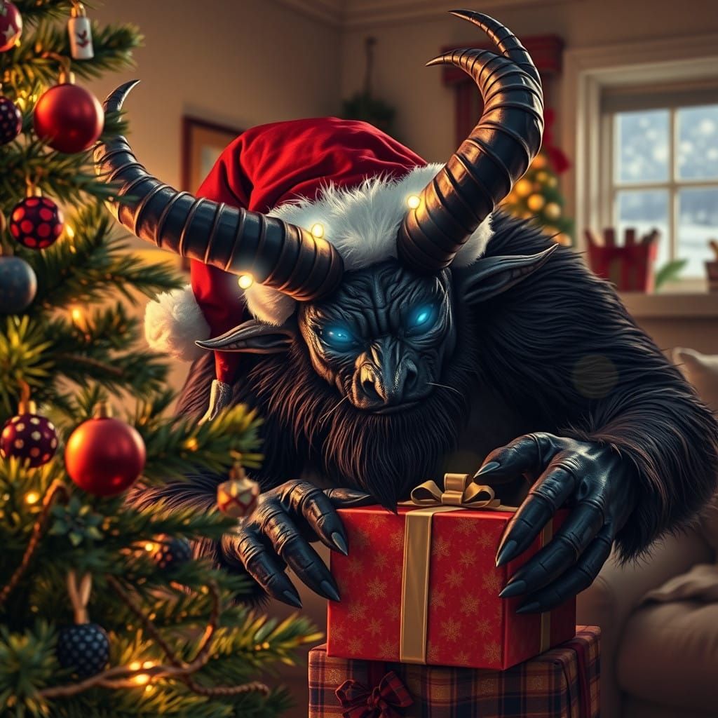 Krampus Sneaks Christmas Presents in a Cozy Family Room