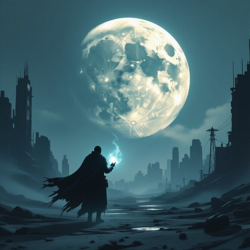 Lone Wanderer in Futuristic Wasteland with Decaying Moon