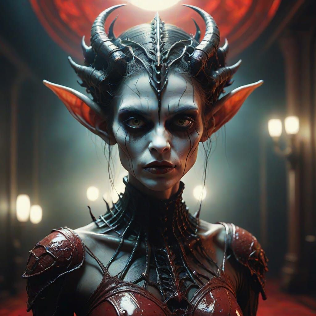 Grotesque Dark Elf in Avant-Garde Fashion on Red Carpet