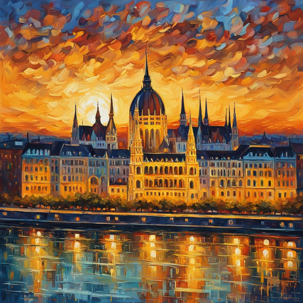 Budapest Sunset in Expressionist Oil Painting Style