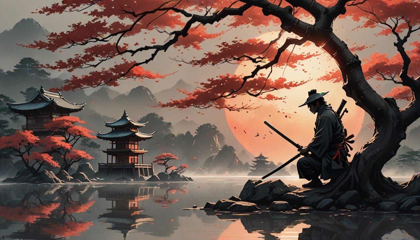 Ronin with Odachi Sword Leaning on Bonsai Tree