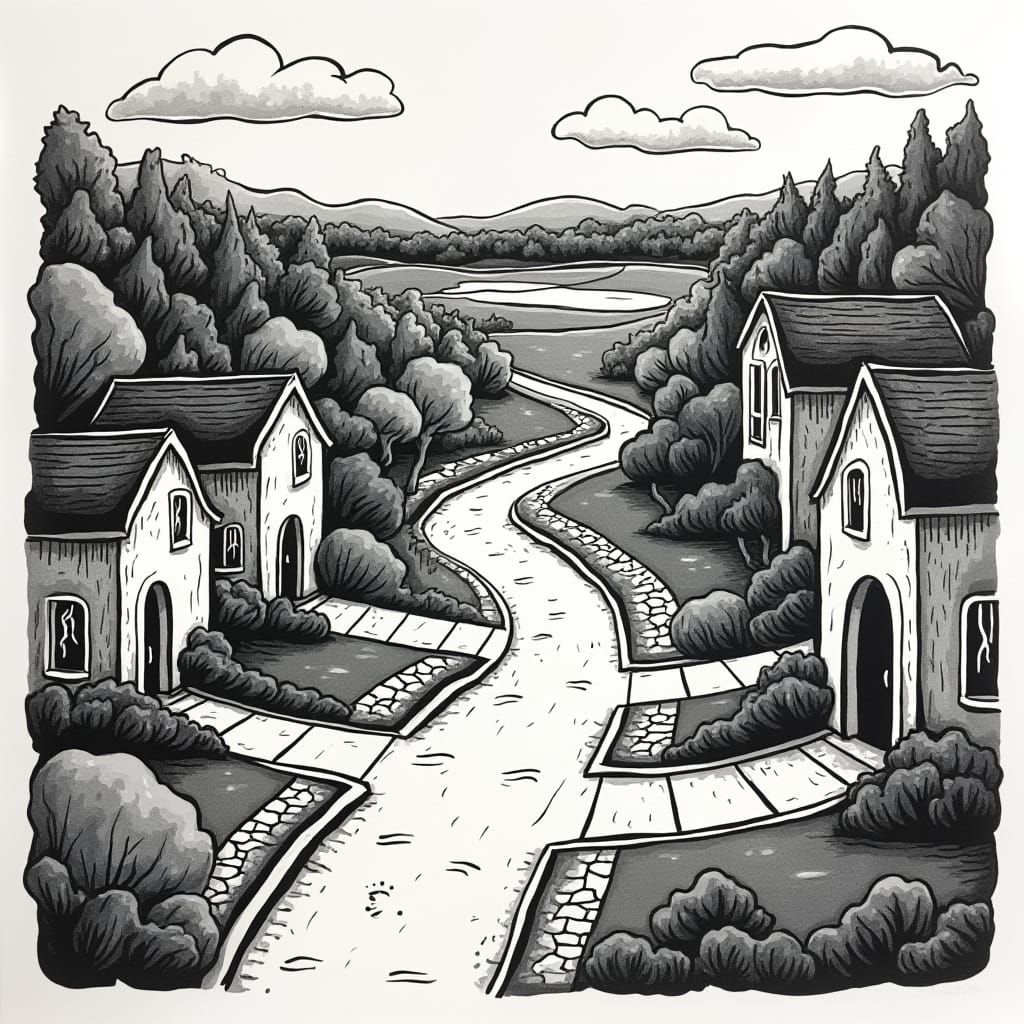 Whimsical 2D Neighborhood Map in Black and White Relief Prin...