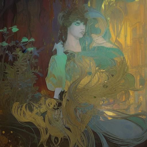 Surreal Ink Landscape Portrait in Art Nouveau Style