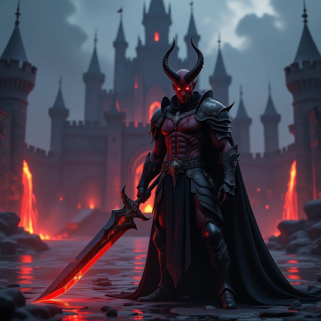 Demon Wields Obsidian Sword Before Hellish Castle