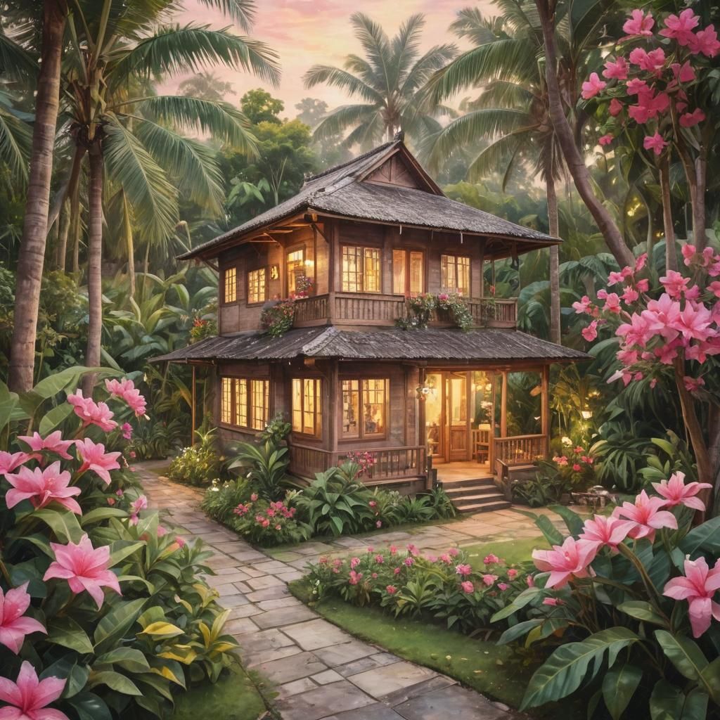 Malay wooden house with interior lighting, surrounded by a lush garden with roses, Bougainvillea flowers, a big tree, an...