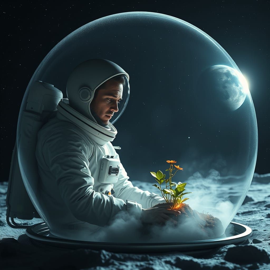 Astronaut Tends Moon Garden with Earth View