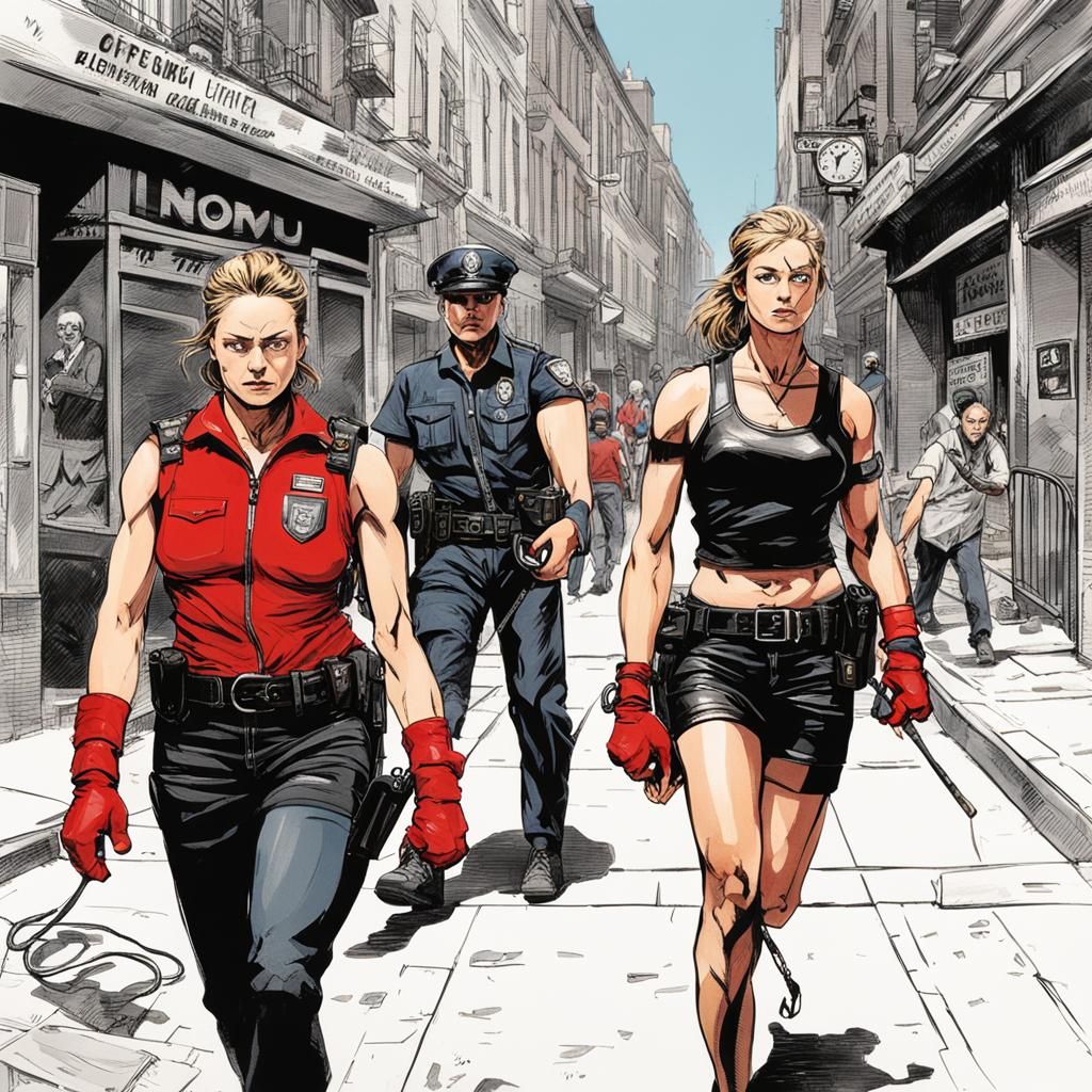 Muscular Policewoman Arresting Criminal in Leather, Detailed...