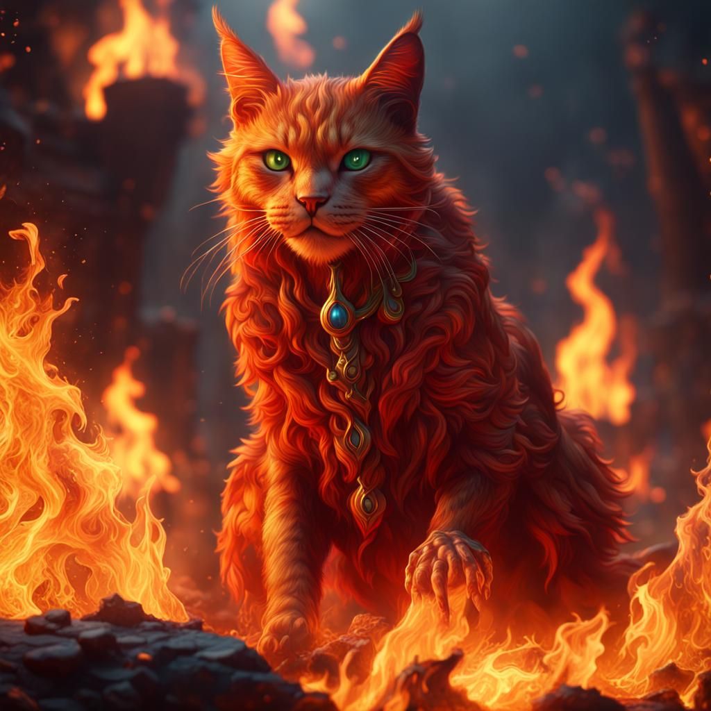 Fantastical Fire Cats in Detailed Digital Painting