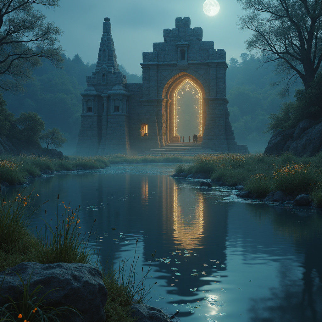 Mystical Moonlit Structure Reflected in River