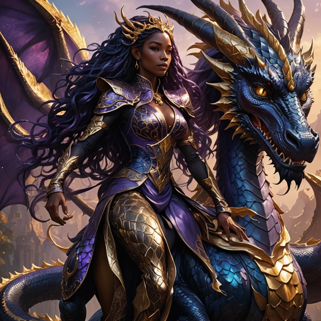 Black Woman Riding Dragon in Fantasy Art