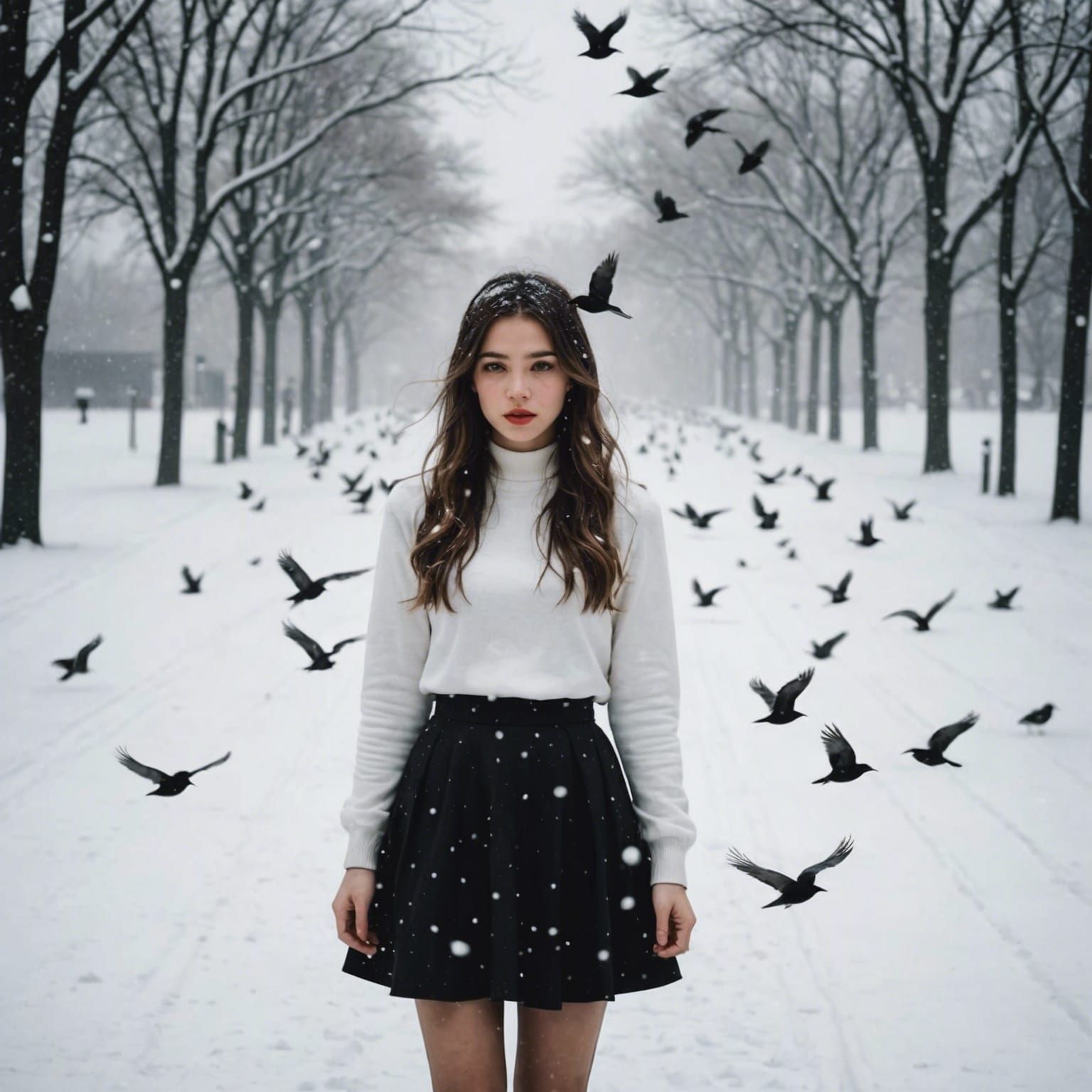 Snowy Page with Black Birds and Girl