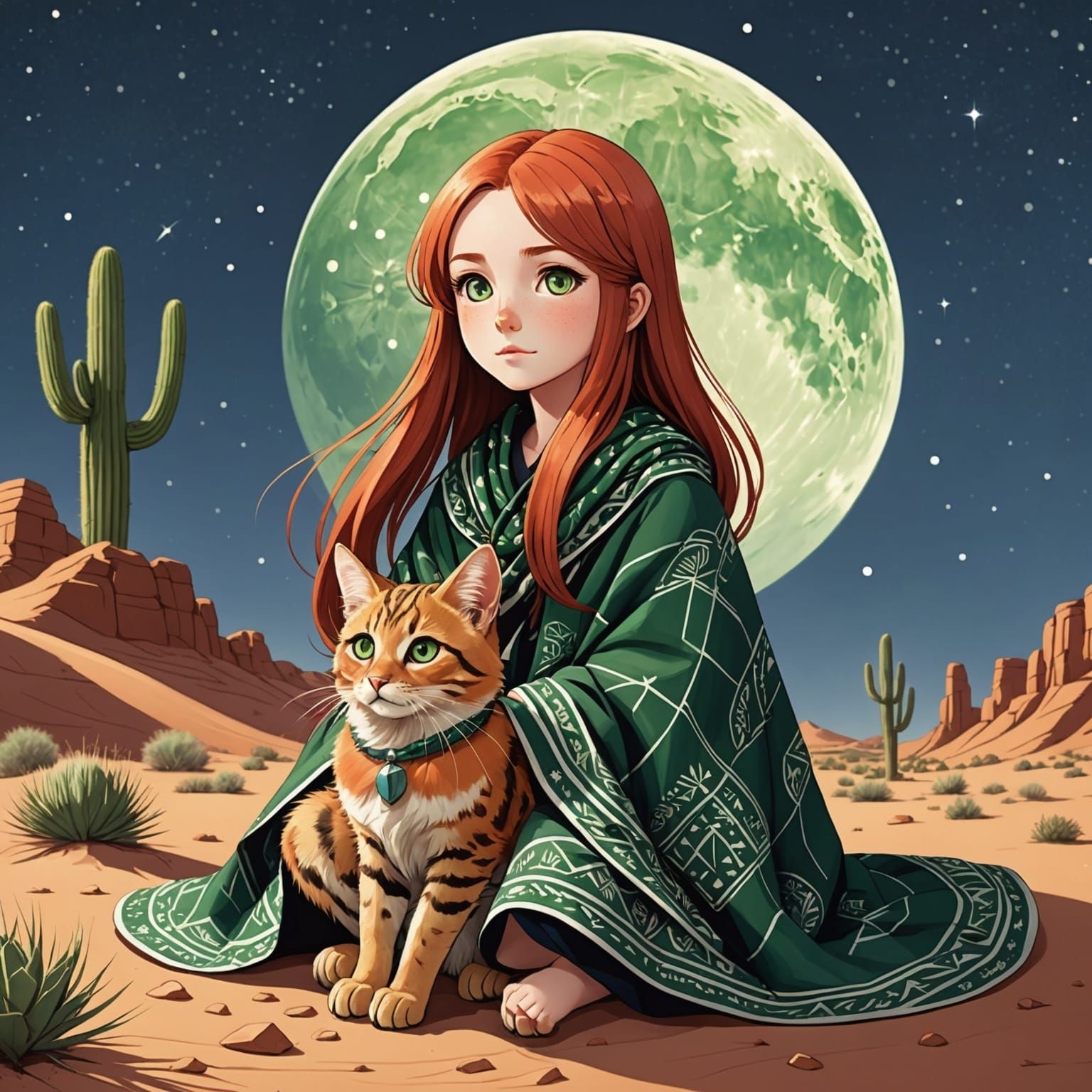 Anime Sandcat Girl Gazing at Moon in Desert